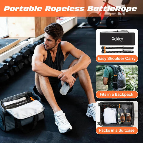 Man sitting in a gym with portable Ropeless Battle Ropes For Home Gym, Adjustable Cordless Ropes With Dual Weight Rings in a bag.