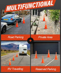 28 Inch Collapsible Traffic Safety Cones Pack Of 4 With Reflective Collar shown in various parking and safety setups.