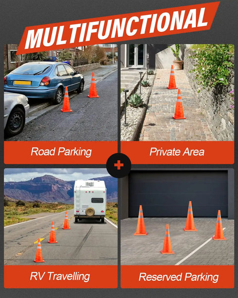 28 Inch Collapsible Traffic Safety Cones Pack Of 4 With Reflective Collar shown in various parking and safety setups.