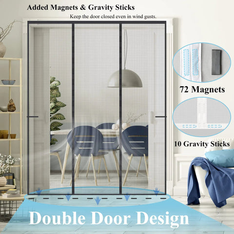 Upgraded Reinforced Magnetic Screen Door For Sliding Doors Fits 72x80 Inches Double Door Screen Curtain With Heavy Duty Fiberglass Mesh