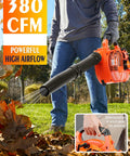 Person using Gas Leaf Blower 26cc Handheld with Beast Power, 180 MPH Wind and 380 CFM, Lightweight 2 Cycle Engine in Orange