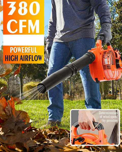 Person using Gas Leaf Blower 26cc Handheld with Beast Power, 180 MPH Wind and 380 CFM, Lightweight 2 Cycle Engine in Orange