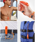 Orange emergency whistle shown on wrist, belt, life jacket, and around neck for Waterproof Dry Bag Roll Top 5L Blue For Travel And Outdoor Adventures.