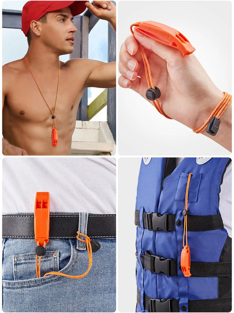 Orange emergency whistle shown on wrist, belt, life jacket, and around neck for Waterproof Dry Bag Roll Top 5L Blue For Travel And Outdoor Adventures.