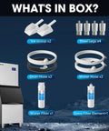 Image showing contents of Commercial Ice Maker Machine 550 Lbs Per Day 22 Inch Wide Industrial Ice Machine With Large Storage Bin, including ice scoops, steel legs, hoses, and filters.