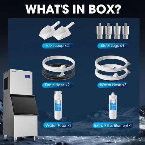 Image showing contents of Commercial Ice Maker Machine 550 Lbs Per Day 22 Inch Wide Industrial Ice Machine With Large Storage Bin, including ice scoops, steel legs, hoses, and filters.