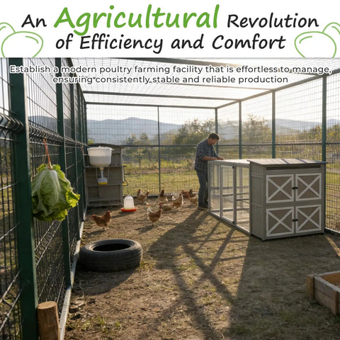 Person tending chickens in outdoor run with Expandable Two Story Chicken Coop With Six Nesting Boxes And Connectable Outdoor Run.