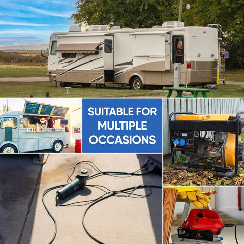 Collage of RV, food truck, generator, power tools, and workshop showing Round 12V Rocker Switch On Off SPST 2 Pin DC Power Toggle Button in use