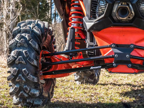 Beefy Heavy Duty Boxed Rear Radius Arms for Can Am Maverick X3 72 Inch Turbo X RC X MR X RS Max Models Lower Two Rods Only Black Finish With Reinforced Pivot Joints And Five Eighth Inch Heim Joints For Serious Strength on rear suspension