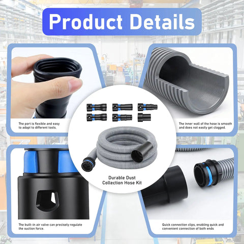 Image showing 16 Foot Dust Collection Hose Kit with Six Universal Adapters from Quarter Inch to One and a Half Inch for Woodworking.