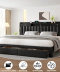 Heavy Duty Black King Size Platform Bed Frame With Padded Headboard And Four Slide Out Storage Drawers Plus Hidden Side Shelves Solid Wood Design For Straight Up Bedroom Comfort in a modern bedroom setting.