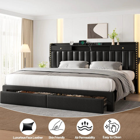 Heavy Duty Black King Size Platform Bed Frame With Padded Headboard And Four Slide Out Storage Drawers Plus Hidden Side Shelves Solid Wood Design For Straight Up Bedroom Comfort in a modern bedroom setting.
