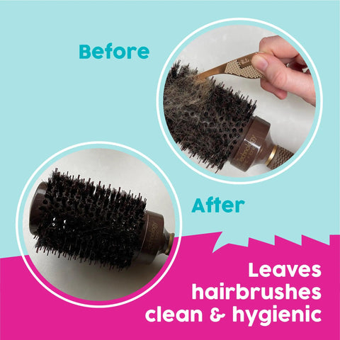 Universal Hair Removal Tool For Any Vacuum That Slashes Through Tangled Pet And Human Hair before and after use on brush.