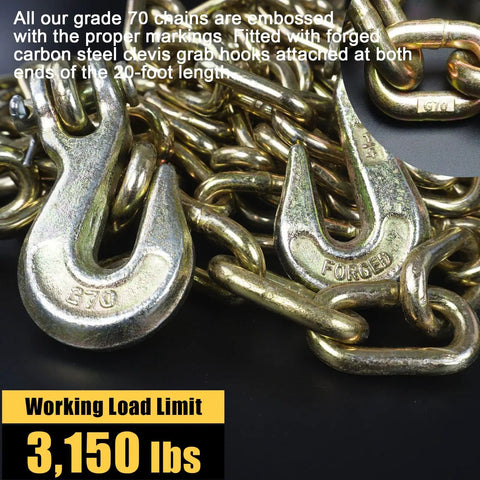 Close-up of Transport Binder Chain 1/4 Inch Grade 70 Tie Down Chains with Clevis Grab Hooks, showing embossed markings.