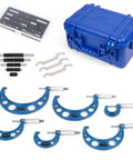 Outside Micrometer Set For Precision Machining And Metalworking, 0 To 1 Inch, 1 To 2 Inch, 2 To 3 Inch, 3 To 4 Inch Ranges, shown with case and tools