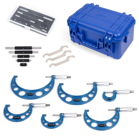 Outside Micrometer Set For Precision Machining And Metalworking, 0 To 1 Inch, 1 To 2 Inch, 2 To 3 Inch, 3 To 4 Inch Ranges, shown with case and tools