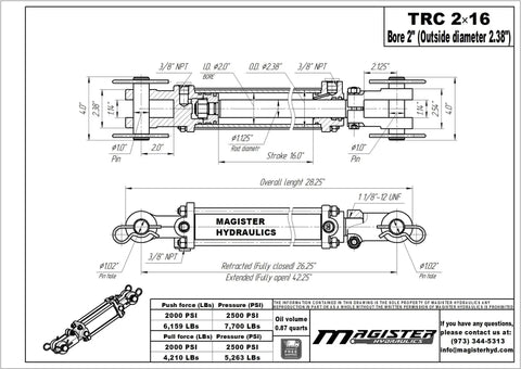 Technical drawing of Double Acting Hydraulic Cylinder Tie Rod 2500 PSI Agriculture Standard 2 Inch Bore 16 Inch Stroke