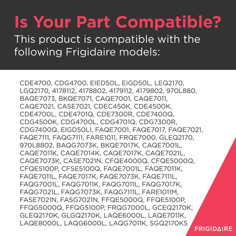 Compatibility chart for Moisture Sensor Replacement For Dryers 134786110 White Drop-In Replacement with Frigidaire models listed.
