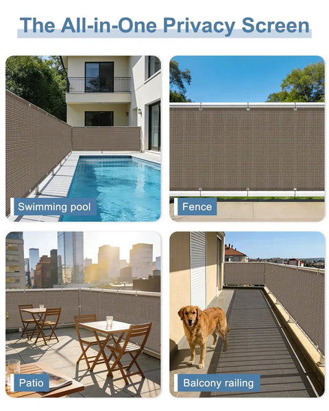 Brown Balcony Privacy Screen Fence Cover 3x10 Ft HDPE Mesh With Grommets installed on outdoor pool and patio.
