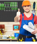 Man in workshop holding plans, tools on belt, and giving thumbs up; Two Pack Heavy Duty Screwdriver Plier Organizer Wall Mount Rack visible