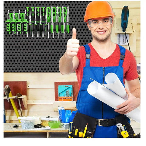 Man in workshop holding plans, tools on belt, and giving thumbs up; Two Pack Heavy Duty Screwdriver Plier Organizer Wall Mount Rack visible