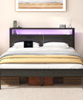 Queen Size Bed Frame With Built In Storage Headboard And Glow Up LED Lighting Featuring Dope Integrated Charging Hub With UL Certified Outlets Usb Type C Ports For Your Fresh Night Owl Bedroom Setup Black, with pillows and cozy bedding.