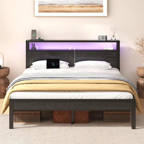 Queen Size Bed Frame With Built In Storage Headboard And Glow Up LED Lighting Featuring Dope Integrated Charging Hub With UL Certified Outlets Usb Type C Ports For Your Fresh Night Owl Bedroom Setup Black, with pillows and cozy bedding.