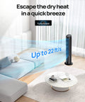 Portable AC Tower Fan For Home Or Office, 40-Inch Evaporative Cooler in living room with airflow demonstration, TurboSilent feature