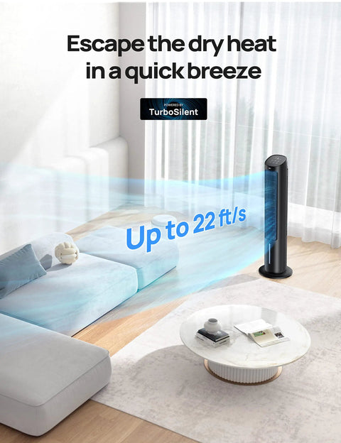Portable AC Tower Fan For Home Or Office, 40-Inch Evaporative Cooler in living room with airflow demonstration, TurboSilent feature