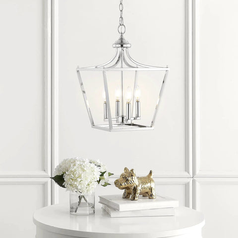 Chrome 13 Inch 4 Light Pendant Lantern With Adjustable Chain For Kitchen Island Foyer And Entryway Modern Farmhouse Vibe Ceiling Light LED Bulbs Included hanging over table.