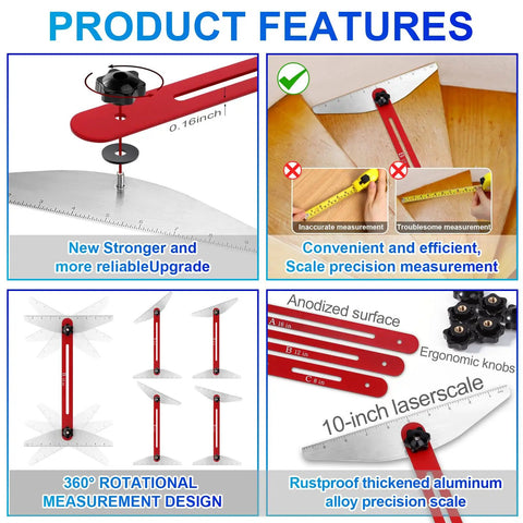 Fo Sho Spot On Stair Tread Template Tool Heavy Duty Aluminum Step Layout Jig For Risers And Treads Quick Measure Mark And Scribe Guide For DIY Craftsmen showing product features and precision measurement tools.