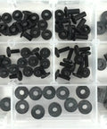 Holster Kit 130 Piece Screws And Spacers For Kydex And Leather Holsters Knife Sheaths Black Oxide Steel organized in box compartments.