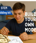 Boy assembling Hydraulic Robotic Arm Kit For Kids Ages 8 To 12, Wooden Building STEM Toy with instruction manual.