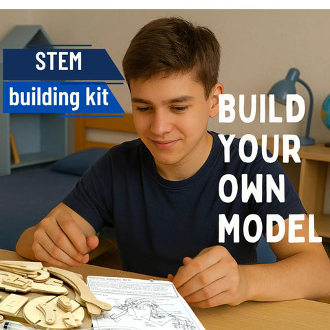 Boy assembling Hydraulic Robotic Arm Kit For Kids Ages 8 To 12, Wooden Building STEM Toy with instruction manual.