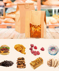 60 Pack Paper Bread Bags With Window For Fresh Sourdough And Homemade Loaves Kraft Bakery Bags 13.7 By 8.3 By 3.5 Inches Includes 70 Sealing Stickers Great For Storing Loaves And Snacks, with images of various foods like cookies and bread on a wooden counter.
