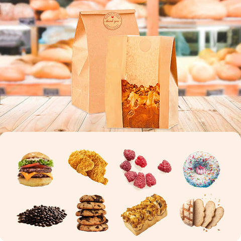 60 Pack Paper Bread Bags With Window For Fresh Sourdough And Homemade Loaves Kraft Bakery Bags 13.7 By 8.3 By 3.5 Inches Includes 70 Sealing Stickers Great For Storing Loaves And Snacks, with images of various foods like cookies and bread on a wooden counter.