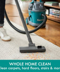 Person using Wet Dry Canister Vacuum Cleaner 3.2 Gallon With 2.5 Peak HP Motor on carpet, showcasing suction power in home setting.