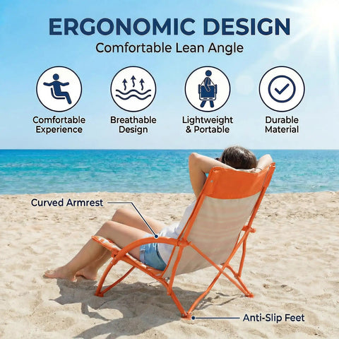 Person lounging in Two Pack Low Beach Chairs For Adults Folding Recliner Camping Chairs With Cup Holders Lightweight Low Seat Chairs For Outdoor Camping Picnic Festival Carry Bags Included Orange Striped on beach.