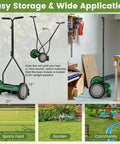 14 Inch Manual Push Reel Lawn Mower with 5 Steel Blades in storage position, next to workbench, showcasing compact design.