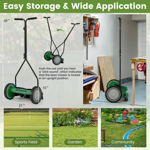 14 Inch Manual Push Reel Lawn Mower with 5 Steel Blades in storage position, next to workbench, showcasing compact design.