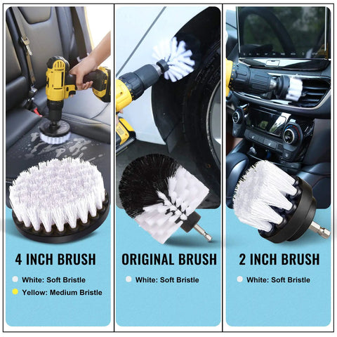 16 Pc Drill Brush Car Detailing Kit in use, showing 4 inch, original, and 2 inch brushes for interior and tire cleaning
