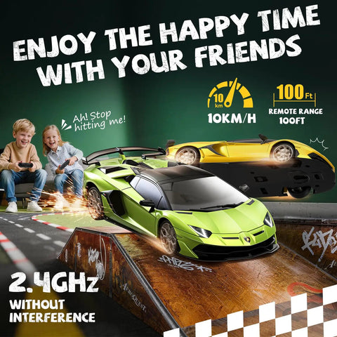 Lamborghini Licensed One To Twenty Four Scale Remote Control Car For Boys And Girls Green RC Toy Vehicle in action on track with kids smiling in background.