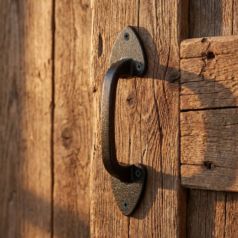 Close-up of a cast iron handle with aged finish on a wooden barn door, part of 3 Pack Heavy Duty Cast Iron Barn Gate Handles With Aged Iron Finish And Smooth Curvature, Rustic Vintage Sliding Door Pulls For Wooden Barn Doors, Garage, Fence And Shed Hardware, Easy Push Pull Mounting.