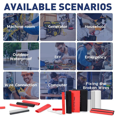 Image showing usage scenarios for Heavy Duty Heat Shrink Tubing Kit With Seven Sizes From 3/32 To 3/4 Inch, 600 Pieces and 87.5 Feet Total.