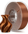Silk Copper PLA Filament 1.75mm, 1kg Spool for 3D Printers with Glossy Silk Finish next to a printed copper vase