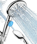 Close-up of 9 Function Shower Head With Built In Power Spray And Water Saving 1.8 GPM On Off Toggle in chrome finish with water spray