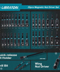 Magnetic Nut Driver Set 35 Piece For Impact Drill With Metric And SAE Nut Drivers Deep And Regular Wing Nut Driver 12mm Quick Release Bit Holder And 6 Inch Bit Extender In Handy Toolbox image showing product layout.