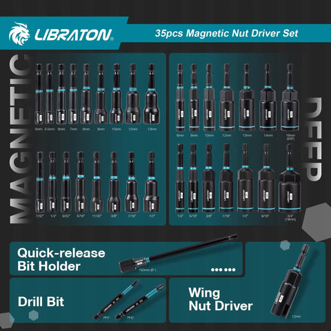 Magnetic Nut Driver Set 35 Piece For Impact Drill With Metric And SAE Nut Drivers Deep And Regular Wing Nut Driver 12mm Quick Release Bit Holder And 6 Inch Bit Extender In Handy Toolbox image showing product layout.