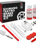 All In One Hydraulic Brake Bleed Kit With Mineral Oil For Shimano And Tektro Brakes, showing components including syringe, hose, bottles