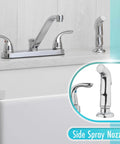 Two Handle Kitchen Faucet With Side Spray In Polished Chrome, Modern High Arc Sink Faucet, shown with side spray nozzle